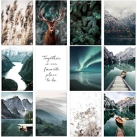 nordic green mountains river marble emerald boat aurora reed foggy forest elk living room decoration canvas painting poster