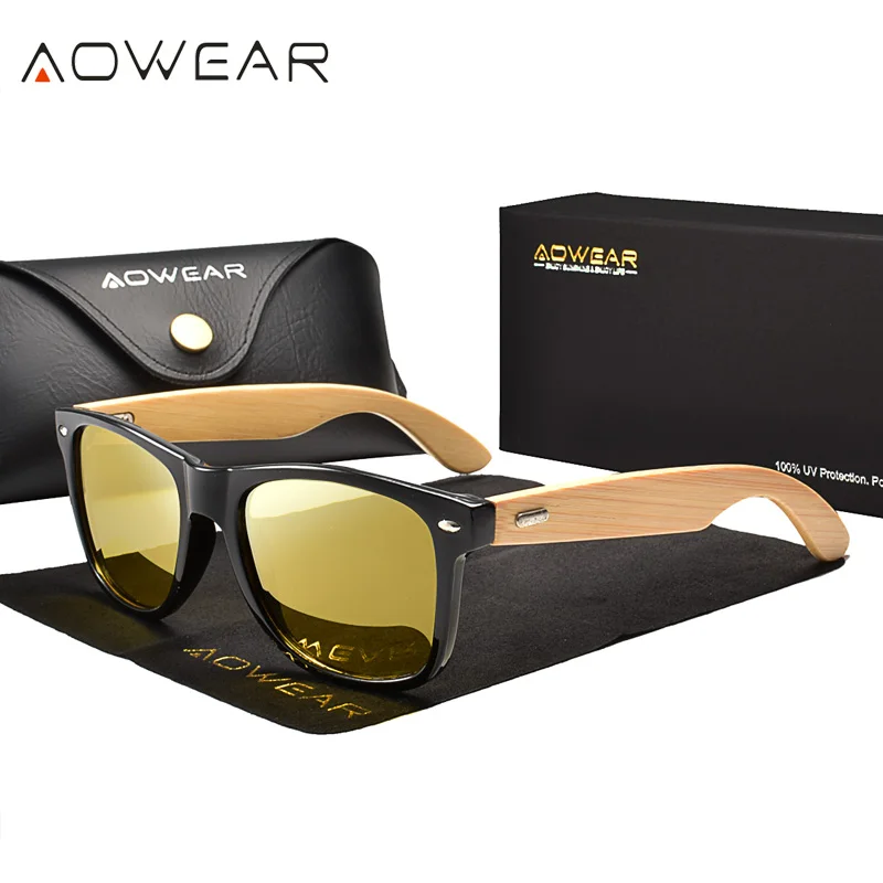 Yellow Night Vision AOWEAR бамбуковые Квадратные Солнцезащитные очки для женщин поляризованные очки ночного видения желтые очки Женские Модные Винтажные Солнцезащитные очки Gafas De Sol - Цвет линз: Yellow Night Vision