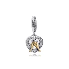 В виде бус подходящие для ожерелья браслеты 100% 925 стерлингового серебра-ювелирные изделия двойное сердце талисманы с 14k, покрыто настоящим; Золотистый цвет; Бесплатная доставка
