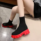 Новинка сезона осень-зима 2021, парные Туфли-носки, женская повседневная обувь на толстой подошве, большие размеры, сетчатые красные вязаные женские короткие ботинки на плоской подошве, размер соответствует