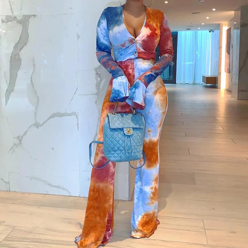 BAMBOOBOY Women's Fashion Sexy V Neck Slim Tie Dye Casual High Street Bodycon Fitted Two piece Set ZL1508