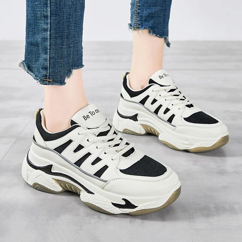 Новинка сезон осень черно-белая женская обувь на платформе с дышащей сеткой из