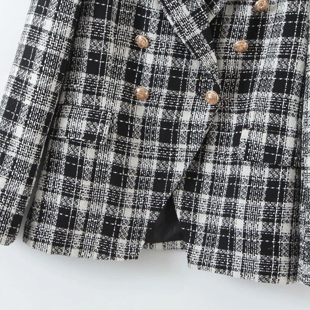 

Female Chic Pockets Blazer Double Za Long New Tweed Fashion Sleeve Breasted Women Vintage Check Outerwear Coat New Fashion Doub