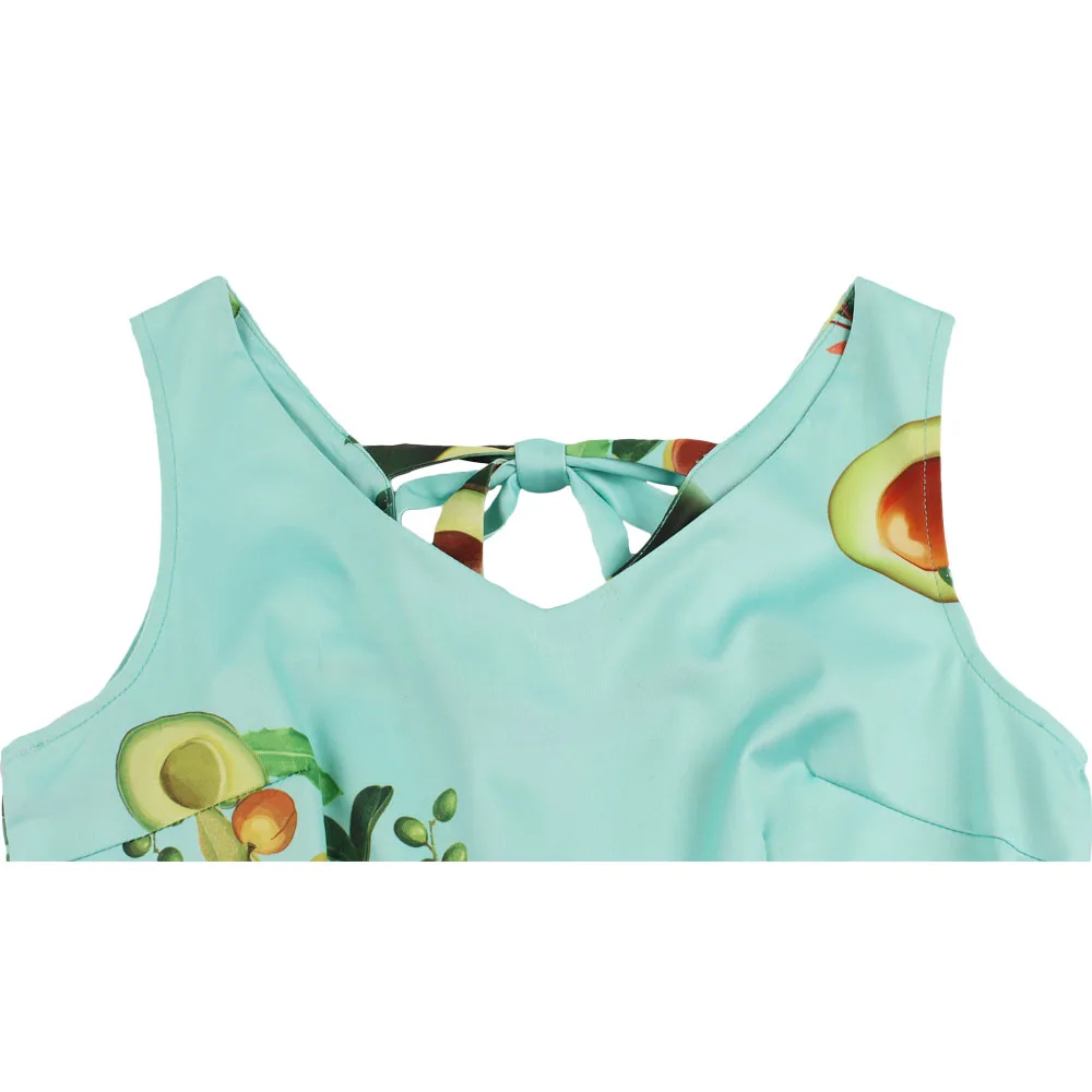 Зеленое винтажное 50s Повседневное платье без рукавов авокадо фруктовые принты