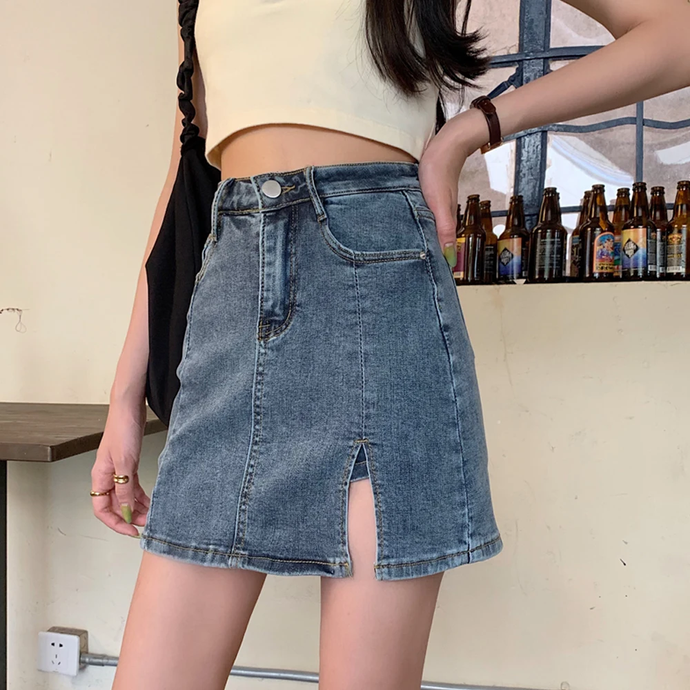 

Vintage Denim Mini Skirts Women Ladies Sexy Side Split High Waist Jeans Shorts Skirts Korean Casual Package Hip A-Line Skirt