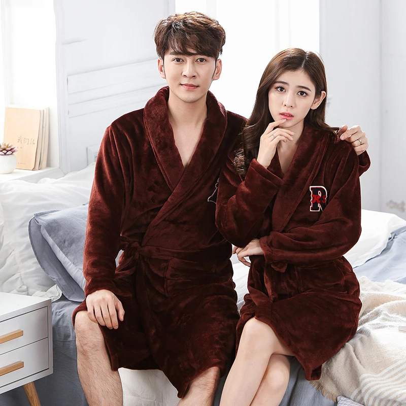 Couple Lounge Kimono Gown Coral Fleece Warm Robe Bathrobe Winter Casual Home Clothing Women Soft Flannel Nightgown Sleepwear