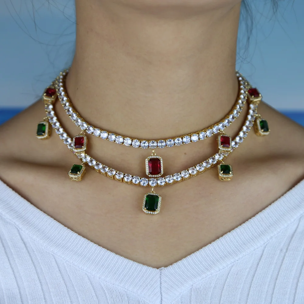 Белый зеленый красный красочный Багет cz падение теннис ожерелье iced out bling чокер для женщин Девушка Роскошные ювелирные изделия