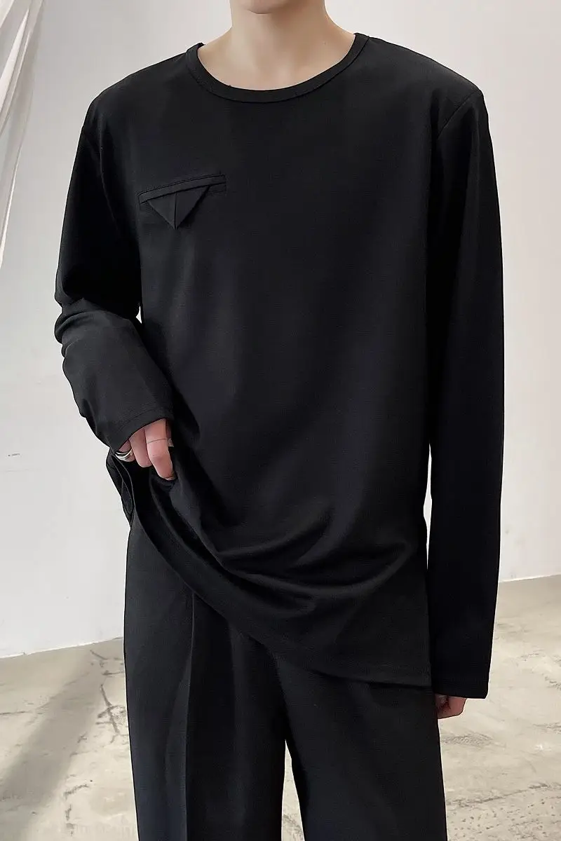 

IEFB Early Spring Design Men's Wear Janpan Korean Style Simple Shoulder Pad Personalized Round Neck Long Sleeve T-shirt 2021 New
