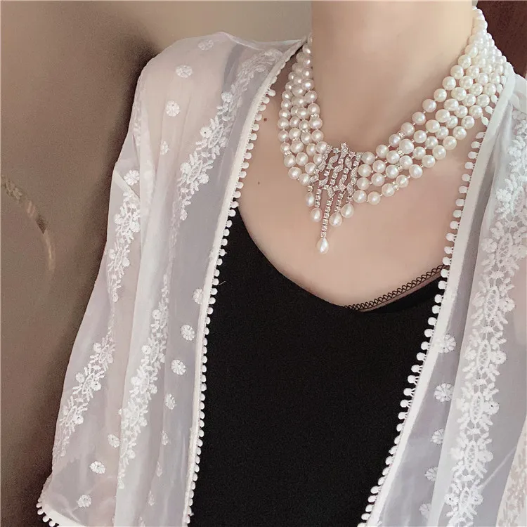 Ожерелье ручной работы с узлом 4 нити 7-8 мм белый пресноводный жемчуг инкрустация