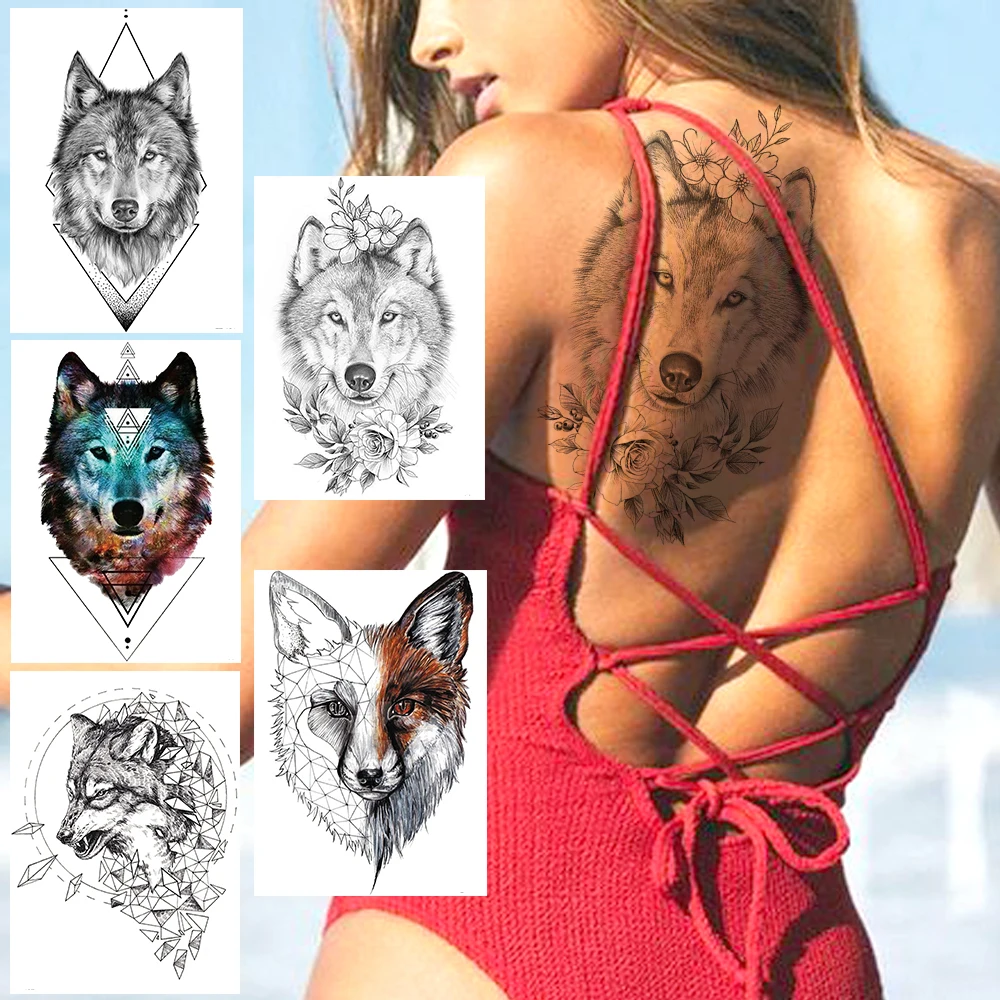 Черный волк цветок временные татуировки стикер поддельные геометрические