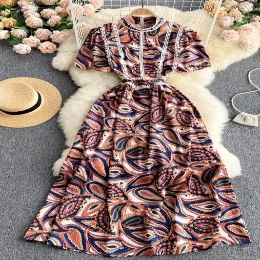 

Women's Elegant Short Sleeve Long Dress 2021 Summer Streetwear Printed Midi A Line Dress Ladies Vinatge Party Vestidos 2021