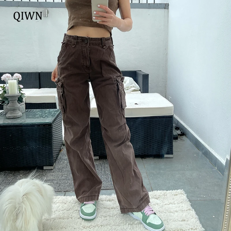 

Streetwear Cargo Pants Womens High Waist Straight Jeans Patchwork Pockets Y2K Vintage Aesthetic Brown Denim Trousers