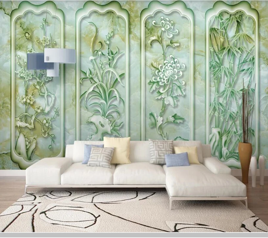 

Papel de parede Chinese syle Jade Carving Plum Orchid Bamboo 3d wallpaper,living room bedroom wall papers home decor mural
