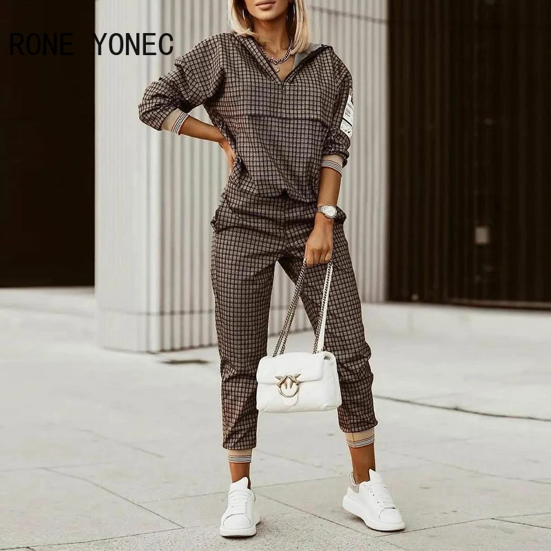 

Women Casual Long Sleeves Plaid Print Zipper Front Hooded Top & Pants Set Two Pieces Set
