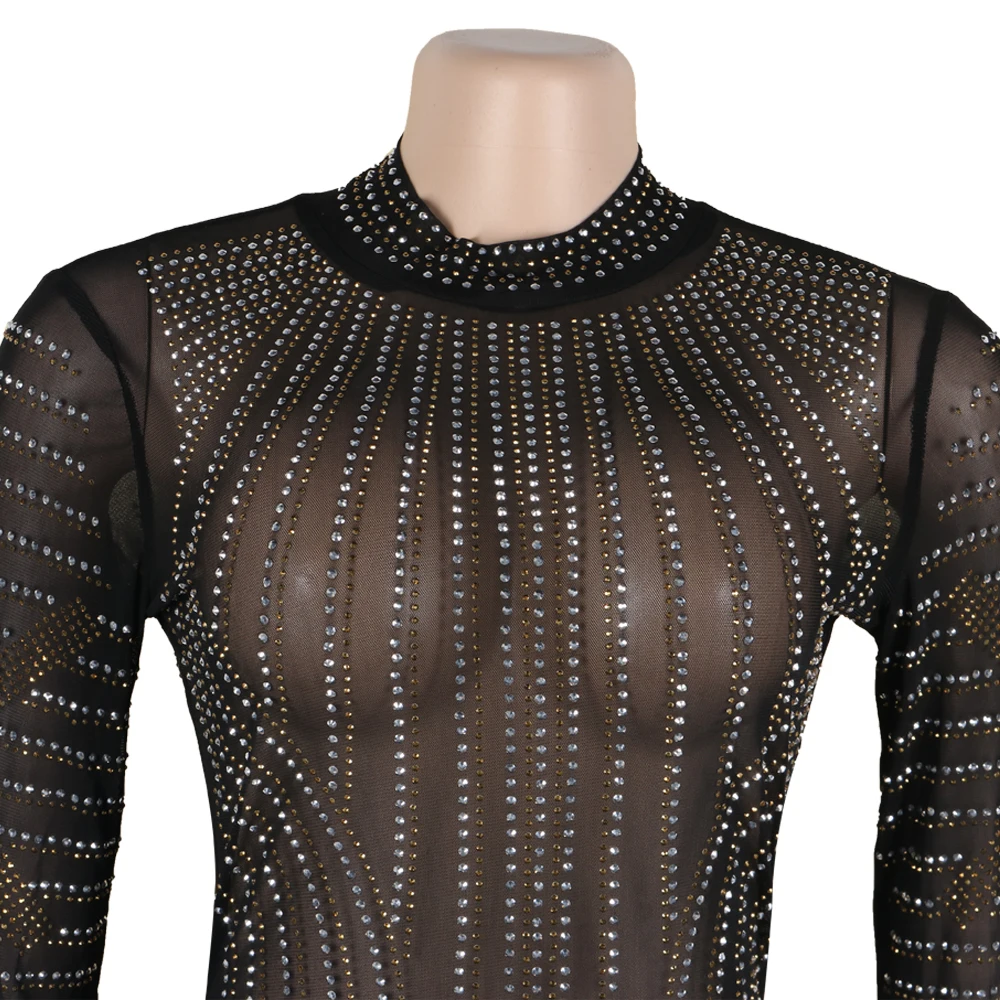 

Cutubly Women Beading Party Night Club Dresses Long Sleeve Solid Sexy Dresses for Women Zipper Turtleneck Diamonds Dress Elastic