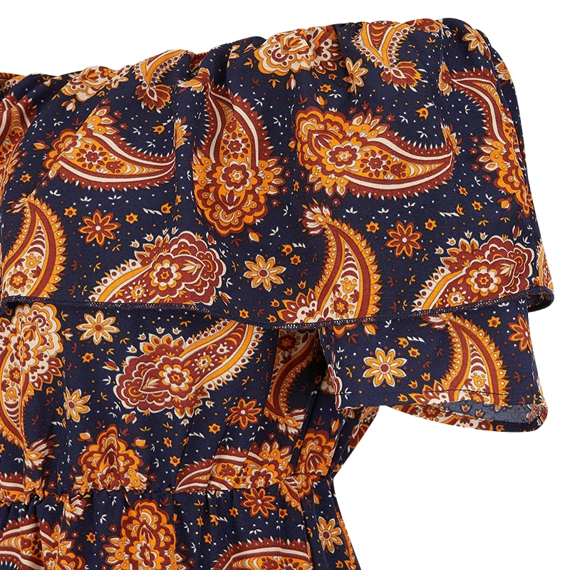 Женский слитный комбинезон с принтом открытыми плечами и оборками коротким