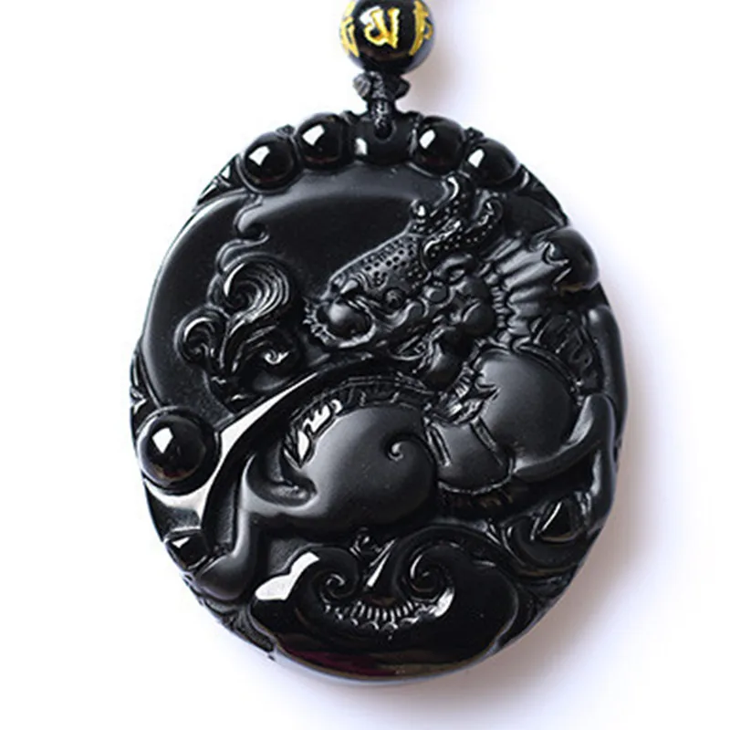 Ожерелье из бусин натурального черного обсидиана ручная работа кулон кирина и