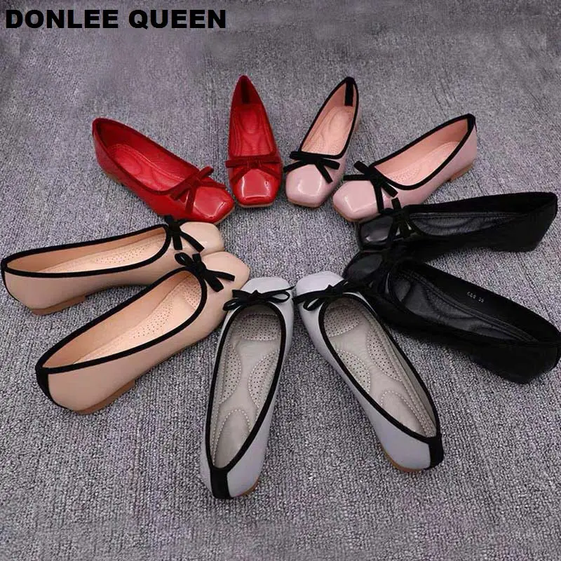 

Women Flat Casual Shoes Patent Leather Breathable Flats Spring Autumn Shoes Square Toe Bow Tie Big Size 41 Patchwork Loafer Shoe