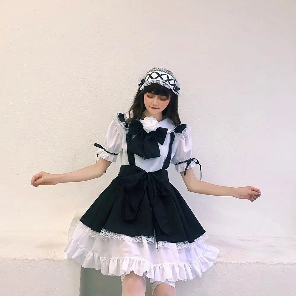 

Black Maid Gothic Style Short Sleeve Lace Trim Bowknot Dress Retro Women Lolita Kawaii Cosplay Princess Dress
