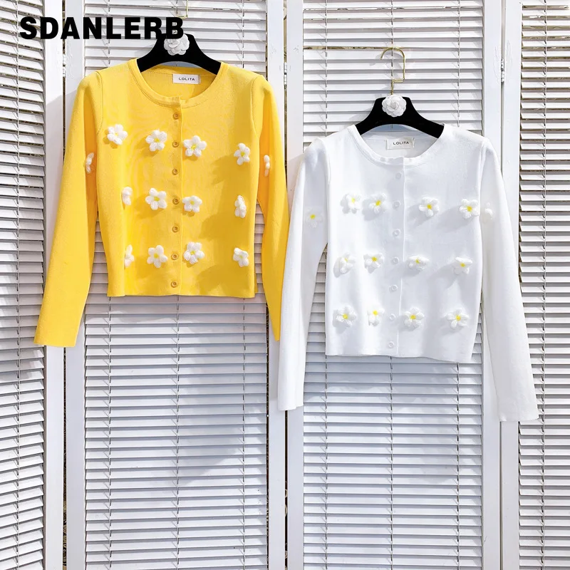 

Однобортный короткий вязаный кардиган контрастных цветов с украшением из цветов, женский милый универсальный топ