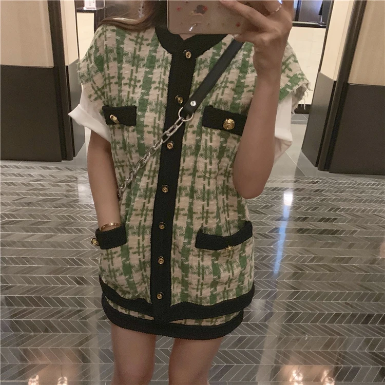 TITAME Women Two Piece Jacket Set Tweed Slim Plaid Skirt Single-breasted Short Sleeve Coat Mini Skirts Suit | Женская одежда