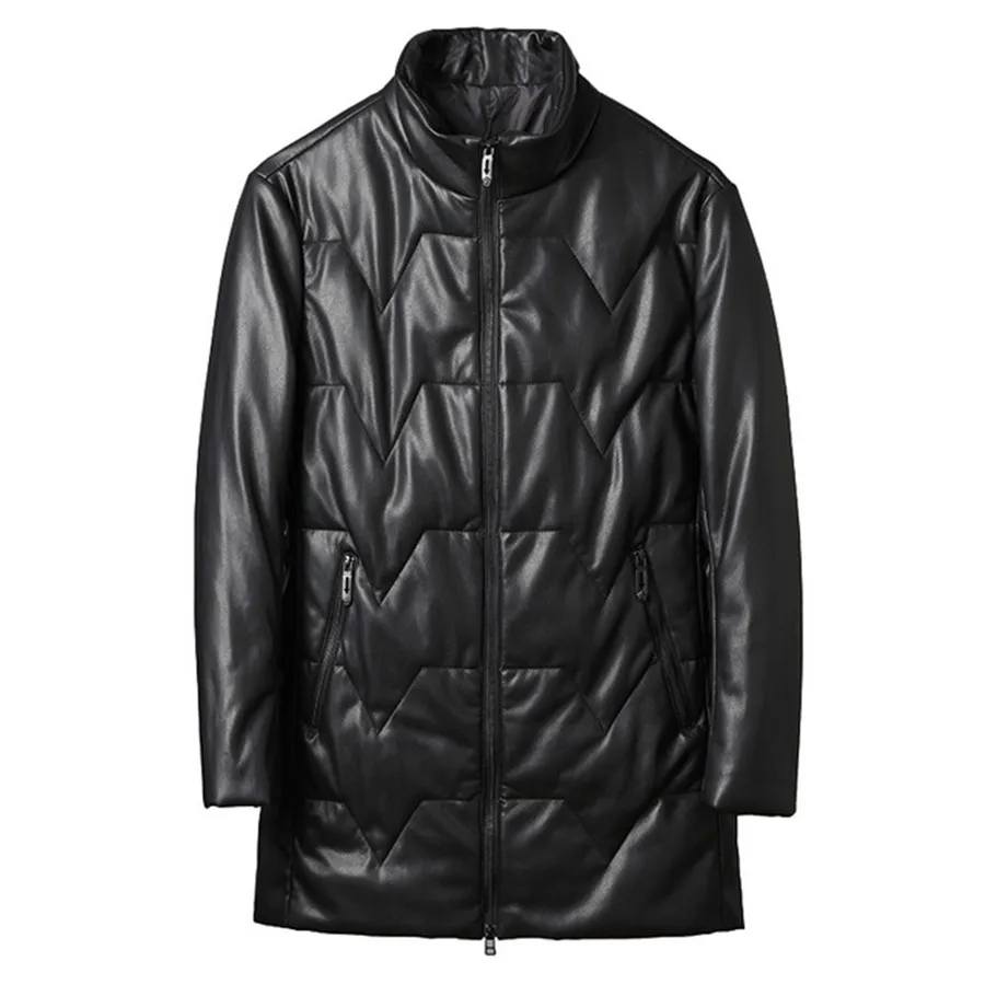 

New Winter White Duck Down Sheepskin Leather Jacket Men's Down Coat Sheepskin Stand-up Collar Mid-length Thick Warm Jacket