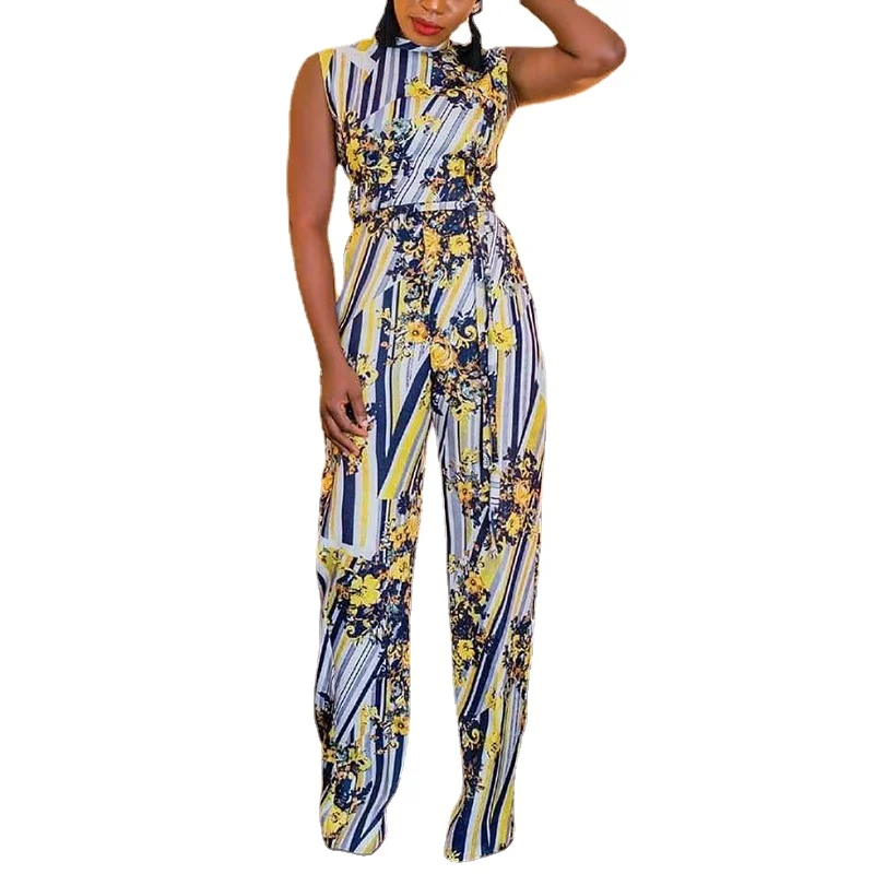 

Женский офисный комбинезон с высоким воротником и цветочным принтом