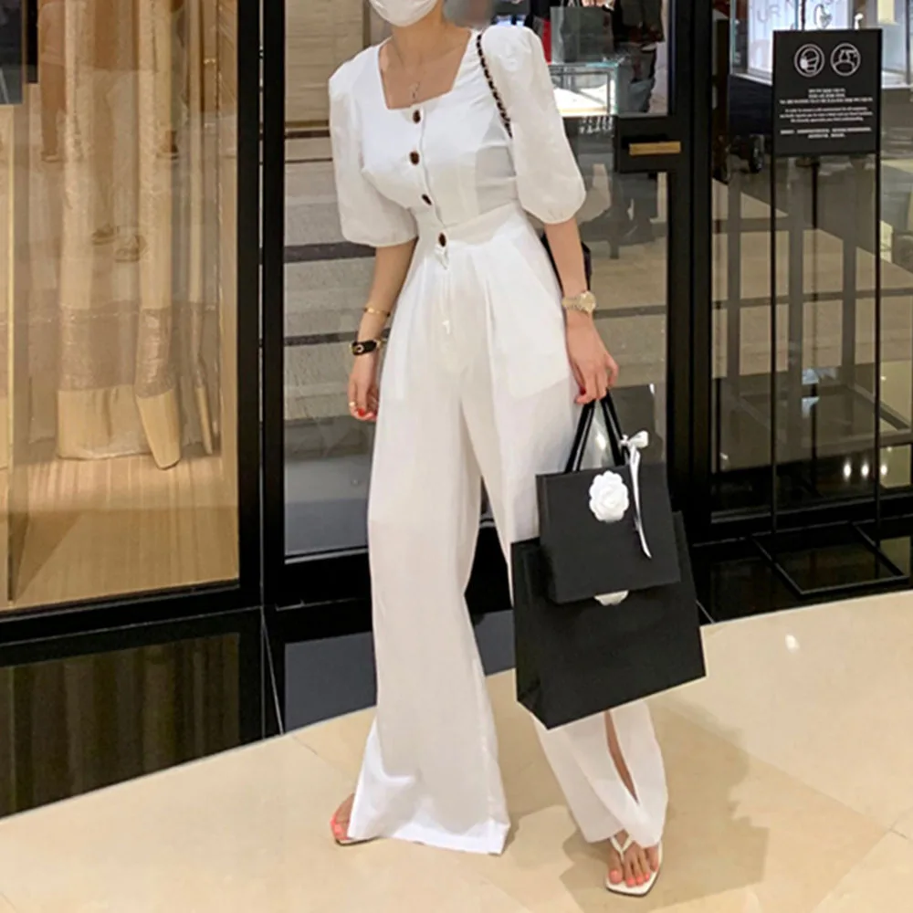 Elegant Slim Women Short Sleeve Square Neck Jumpsuits Office Lady Bodysuit Long Pants Casual Playsuit Solid Color Autumn Fashion |