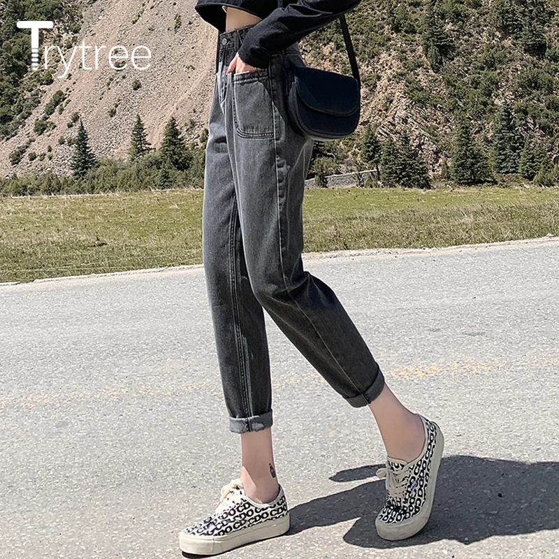 

Trytree AW Women Jeans Casual Ankle-Length Straight Pants Demin Pants Women Streetwear Pockets Loose Adjustable High Waist Jeans