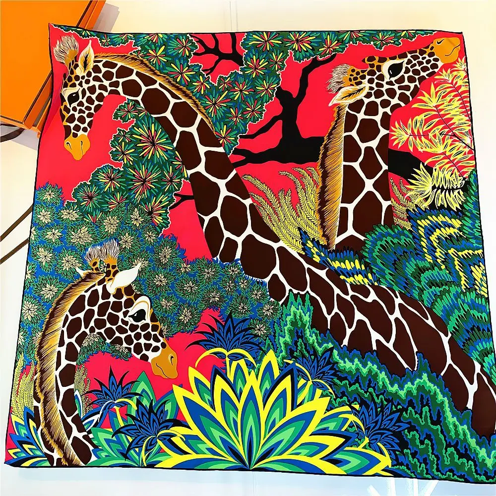 

2020 Designer Brand Forest Giraffe Printing Twill Silk scarf for Women Handmade Curled Square Scarves Bandana Foulard Shawls