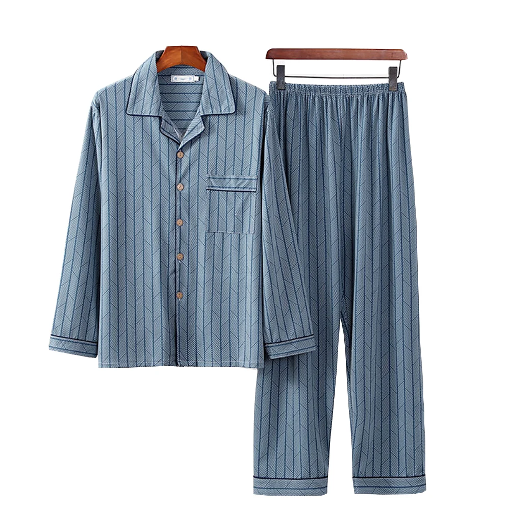 Plus Size 5XL Casual Striped Cotton Pajama Sets for Men Long Sleeve Long Pants Sleepwear Pyjama PJ Print Pijama Hombre Invierno
