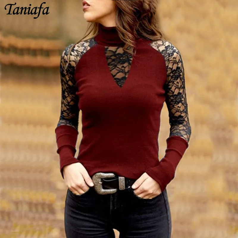 

Women Lace Pullover 2021 New Fashion Ladies Lace Stitching Long-sleeved Knit Sweater Blouse Casual Turtlenck Tops