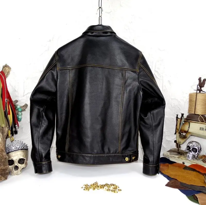 Мужская Байкерская короткая куртка из натуральной воловьей кожи черная большого