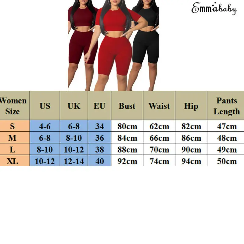 

Black Color High Street Two Piece Set Women O-Neck Fitness Short Sleeve Crop Top+Short Pants Tracksuits Sets