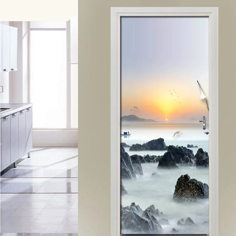 ПВХ самоклеющиеся 3D наклейки на дверь восходящие солнечные чернила пейзаж DIY