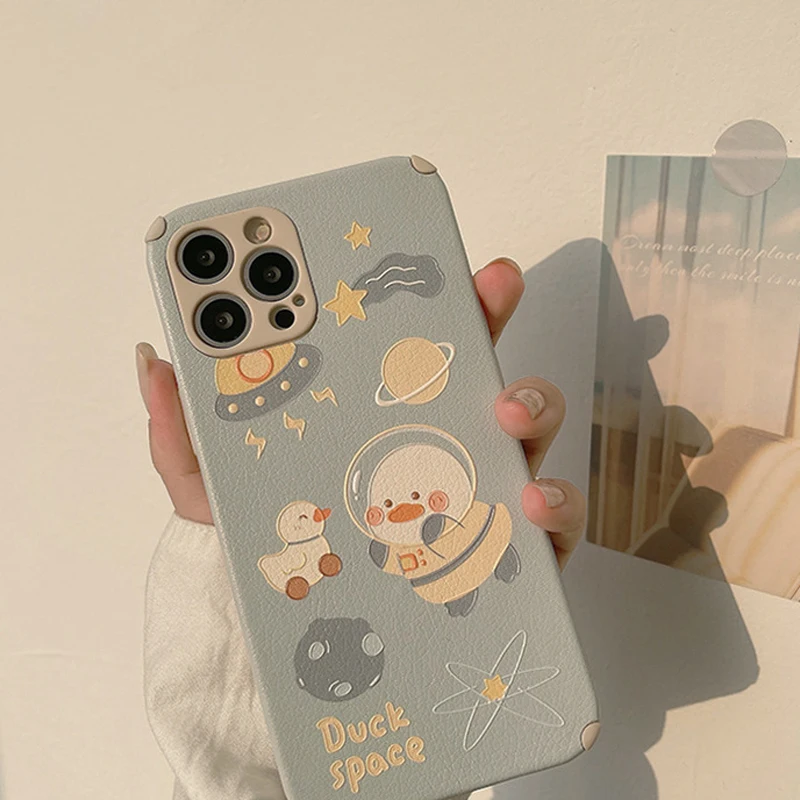 

Space Duck Leather Phone Case Cute Cover for Iphone 13 11 12 Mini Pro Max 7 8 Plus Xs Max XR X SE 2020 Cartoon Funda Conque Capa