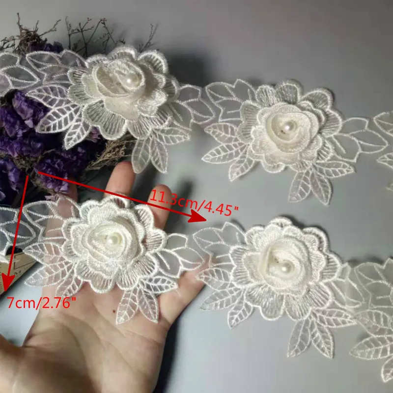 Винтажная вышитая жемчугом лента из полиэстера цвета слоновой кости с цветочной