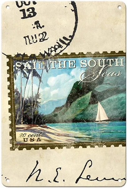 

Vintage Tin Sign - Sail The South Seas - Postage Stamp