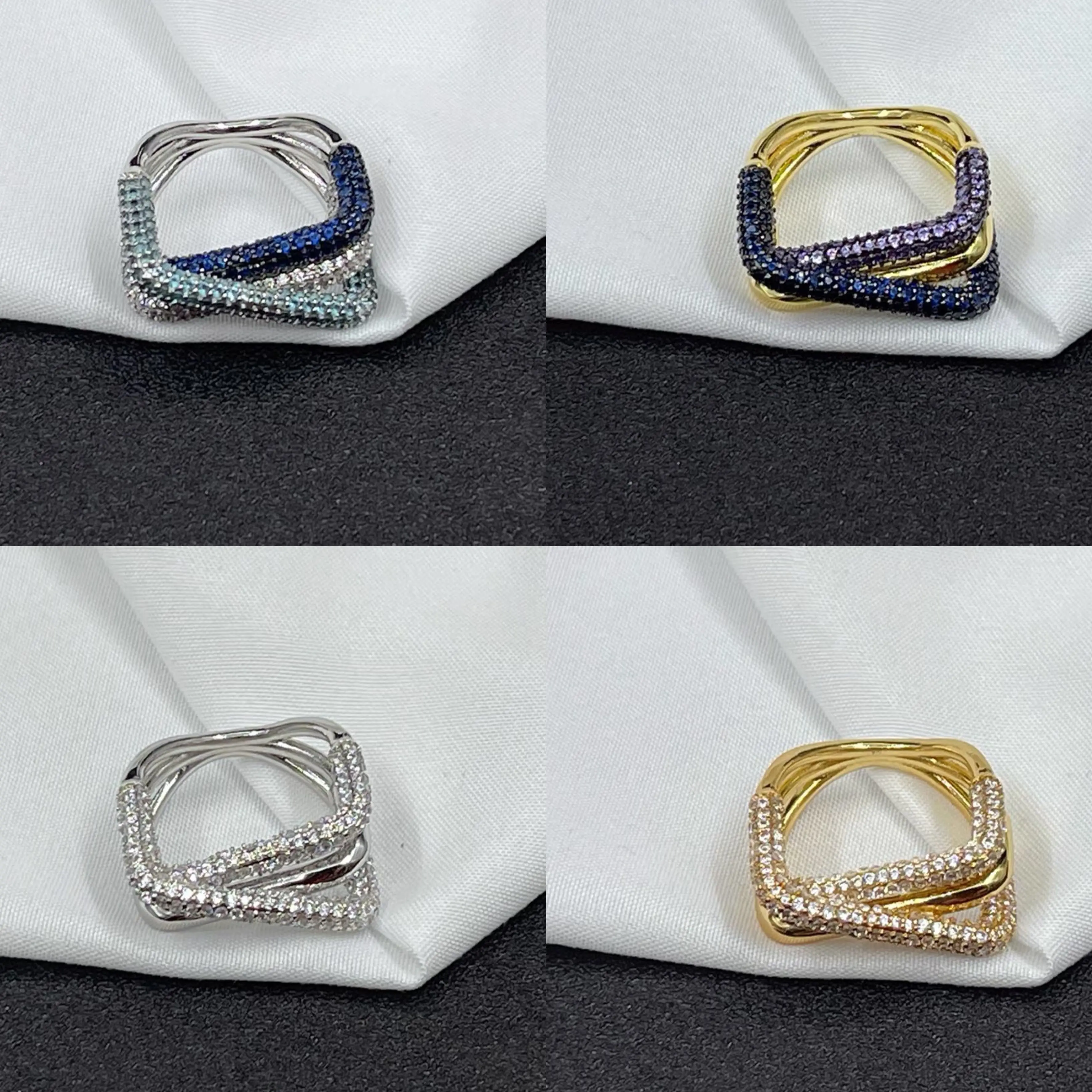 Кольцо женское прямоугольное из серебра 925 пробы с переплетением темно синего