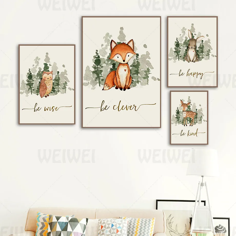 

Watercolor Forest Small Animals Home Decoration Painting Deer Rabbit Owl Living Room Wall Canvas Poster Bear Fox Simple Print