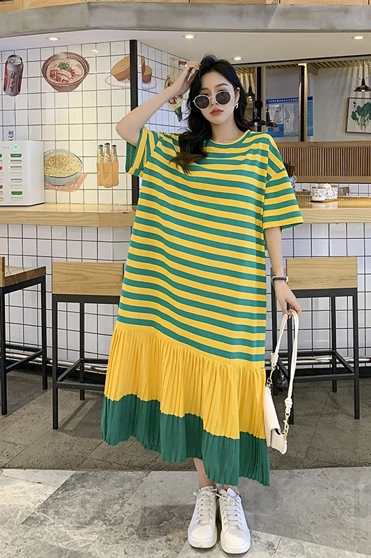 

BIG SIZE Summer Women Fashion Stripe Chiffon Chiffon Spliced Tops Female Ladies Plus Large Long Sweet Color Block Pleat Dress