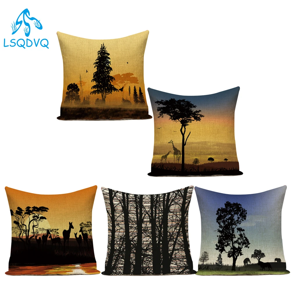 

Декоративный чехол для диванной подушки, живописные деревья, животные, жираф, Полиэстеровая наволочка для подушки для гостиной, дивана, авт...