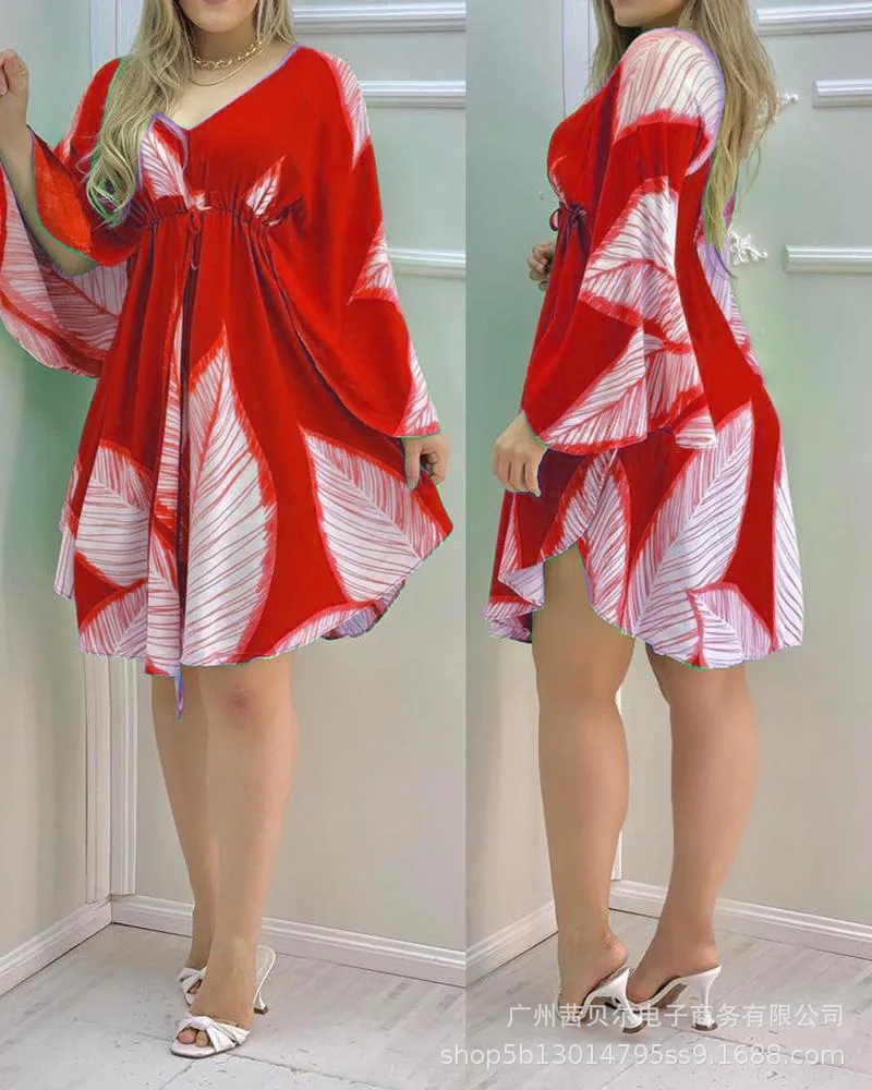 

2021 European and American new cardigan sleeve leaf print pleated dress