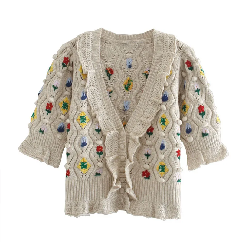 

OLOMM Short-Sleeve Sweater Women Spring New Vintage Flower Embroidery Knitting Tops V-Neck Cardigan All-match Female Clothes