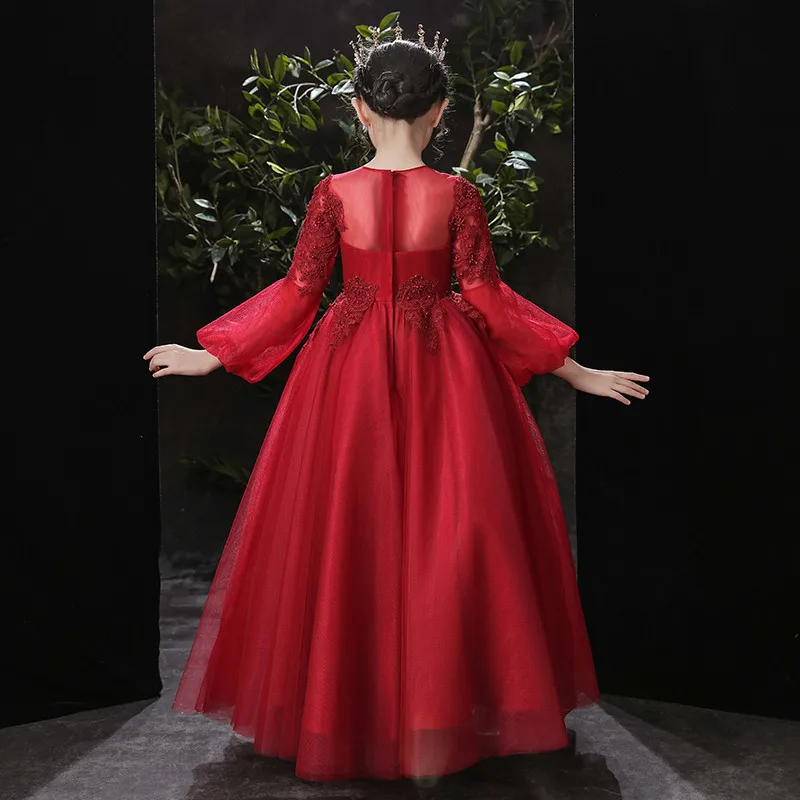 

Children Girls Luxury New Wine-red Color Embroidery Flowers Birthday Wedding Party Dress Kids Autumn Winter Long Sleeves Dress
