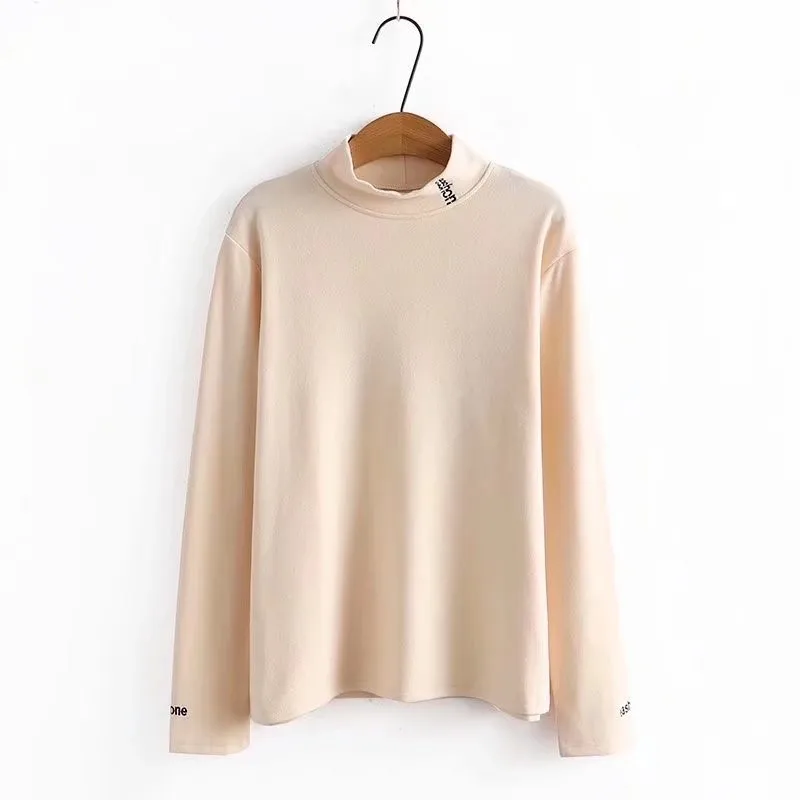 

Women's Clothing T-Shirts Plus Size Autumn Winter 2021 New Fashion Mock Neck Embroidery Letters Elastic Keep Warm Tops