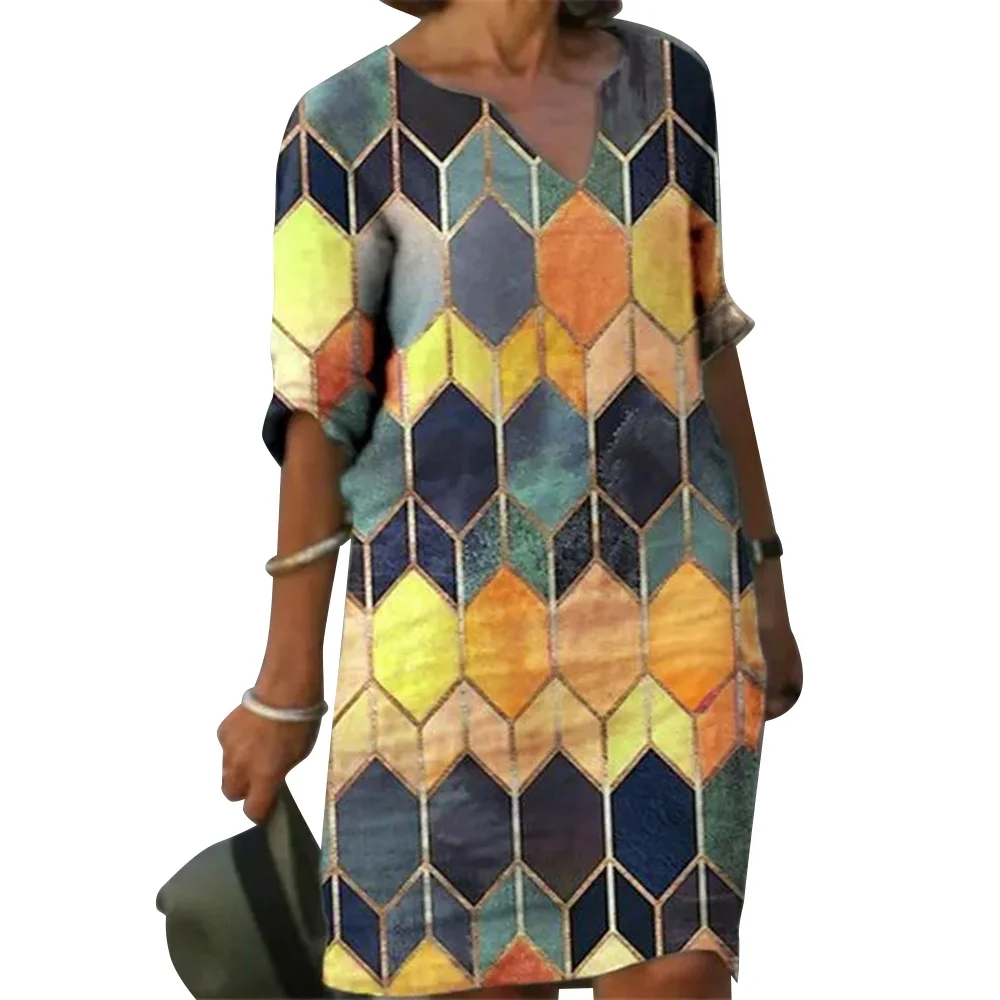 

Women Short Sleeve Midi Dress Ladies Summer Party Casual Knee Length Dresses Geometric Print Vestidos Mujer