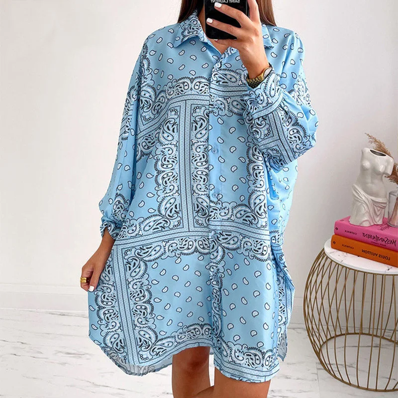 

2021 Autumn V Neck Shirt Dress Womenn Bohemian Printed Lapel Button Down Mini Dress Female Casual Loose Shirt Dresses