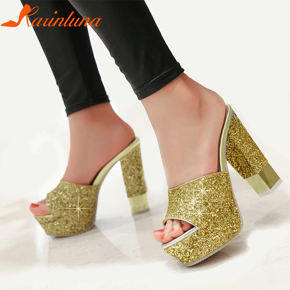 

KARINLUNA Big Size 32-43 Brand New Bling Mules Shoes Women Summer Platform Mules High Heels Sexy Slip-On Shoes Woman