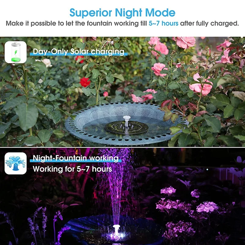 

Solar Fountain Pump , 3.5 W 180 mm Solar Fountain with LED Light, 3000 MAh Battery with 6 Models , Solar Pond Pump